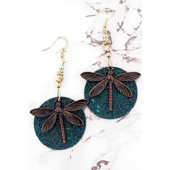 Copper Dragonfly Earrings Disc Fish Hook - Cottage Core, Dragonfly Jewelry Boho - Picture 1 of 2